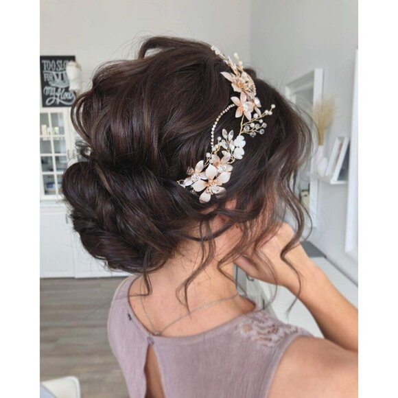 Gold Bridal Headpiece Pearl Crystal Flower Hair Vine for Weddings and Formal Eve main image 4